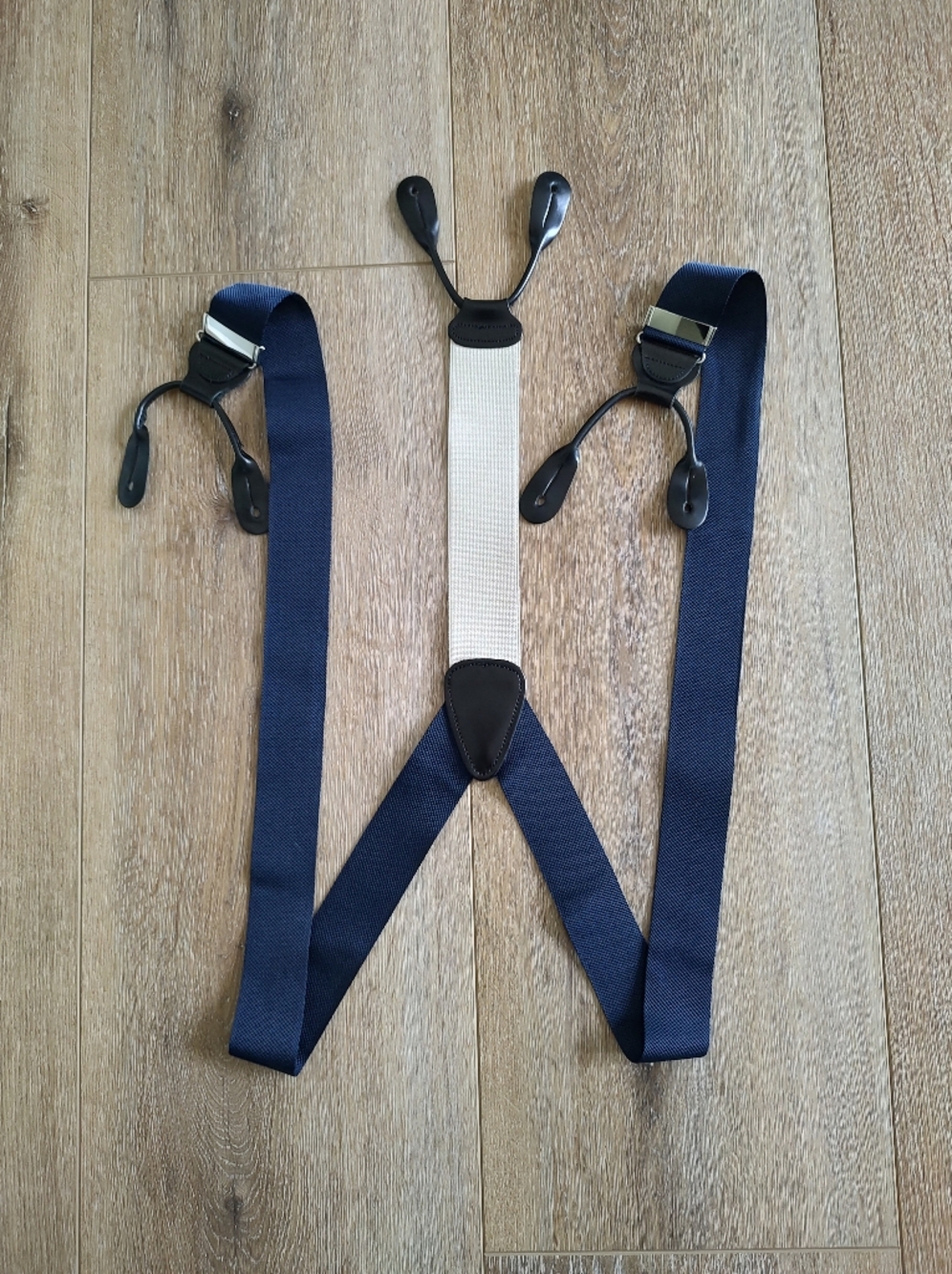 Trafalgar Button-End Suspenders Navy Nylon Leather Trim Adjustable Braces USA